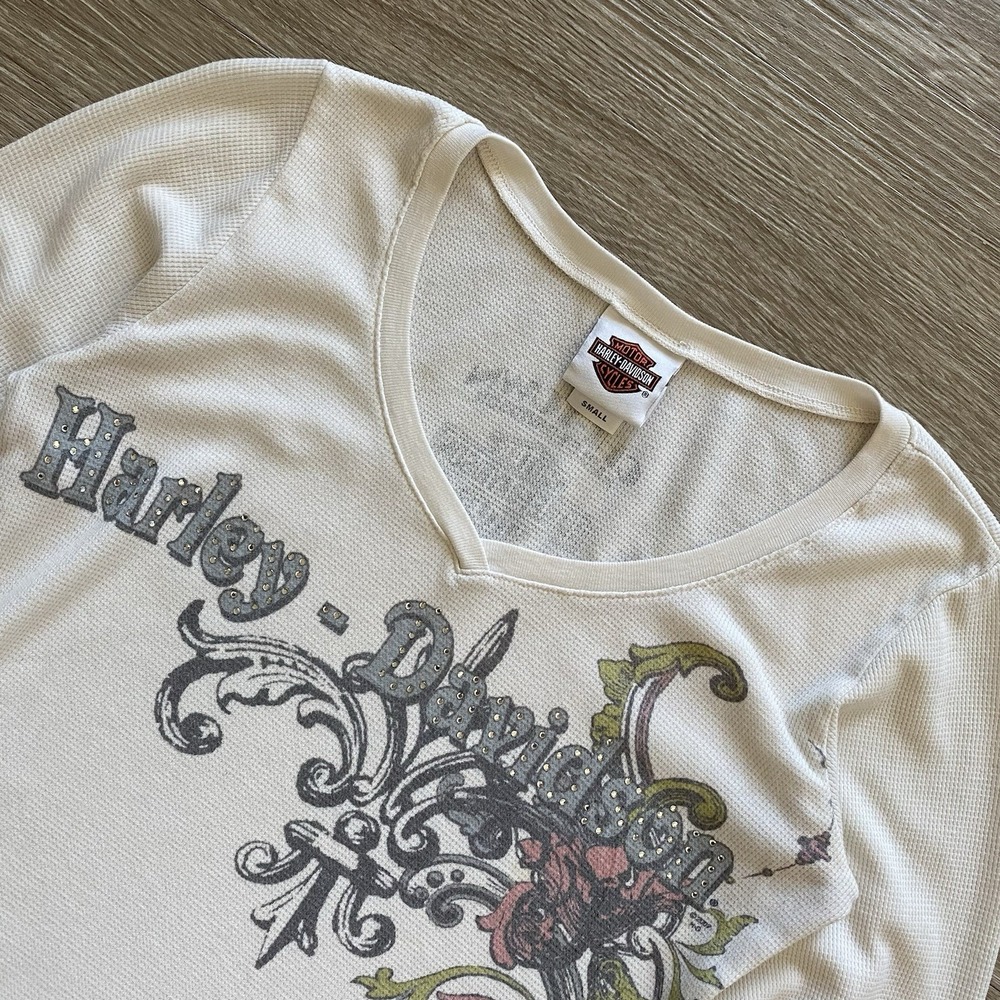 Vintage Harley Davidson Long Sleeve Thermal Shirt Women's S White Y2K READ 2007